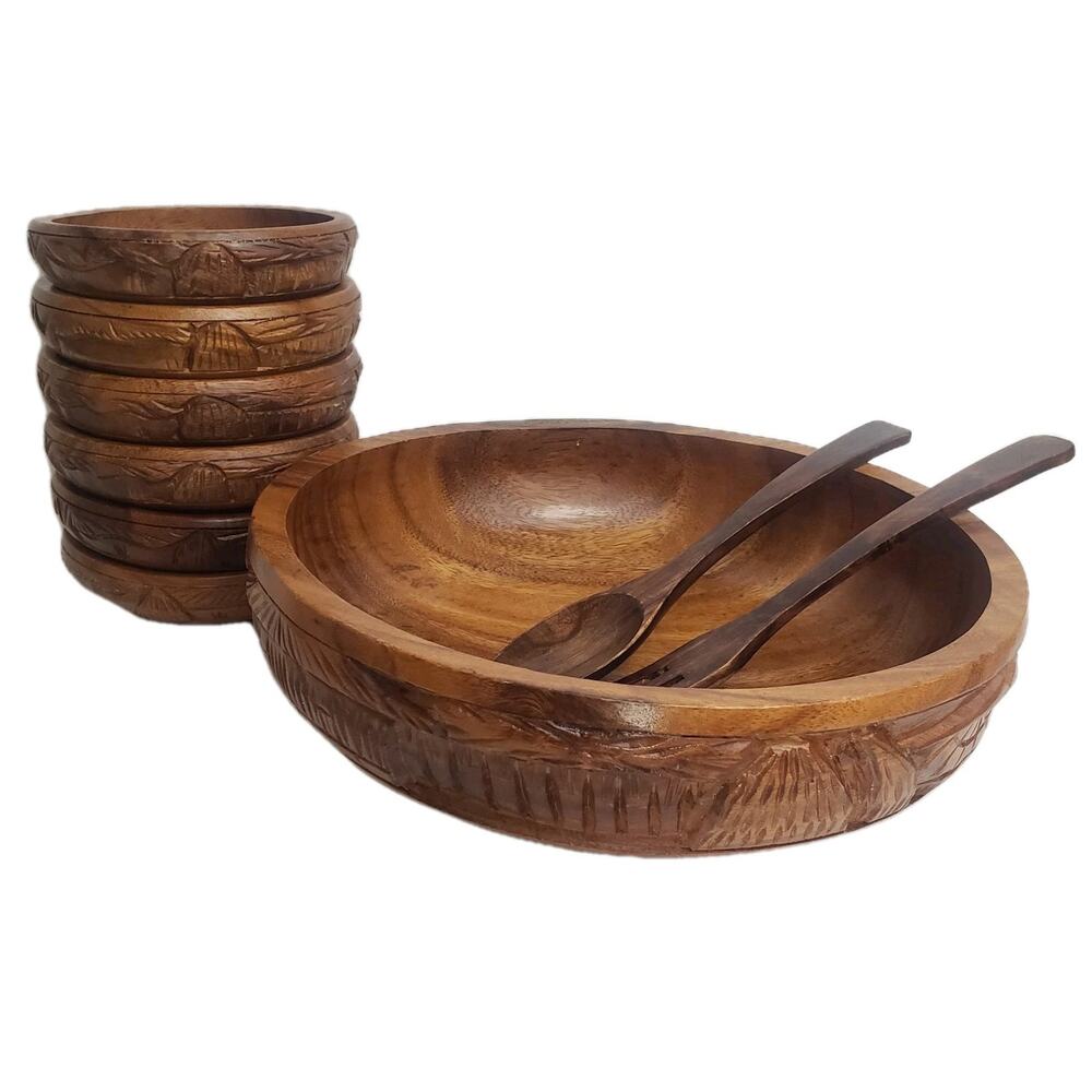 VTG Hand Carved Village Scenes Monkeypod Wood? Salad Bowl Set 9 Pieces‎ Folk Art